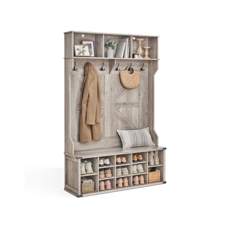 4-in-1 Hall Tree with Bench Coat Hooks Shoe Cubby Storage and Top Shelves Farmhouse Entryway Rack - 15.7"D x 51.2"W x 78.7"H