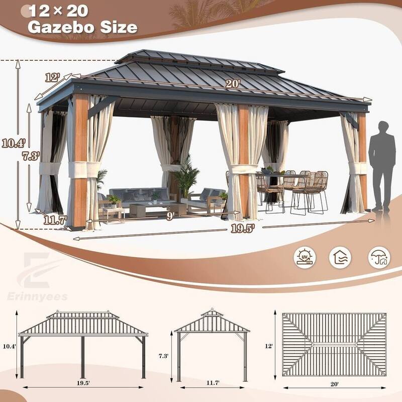 EROMMY 12x20 Outdoor Gazebo w Galvanized Steel Roof, Wood-Finished Aluminum Frame, Privacy Curtains, and Included Nettings