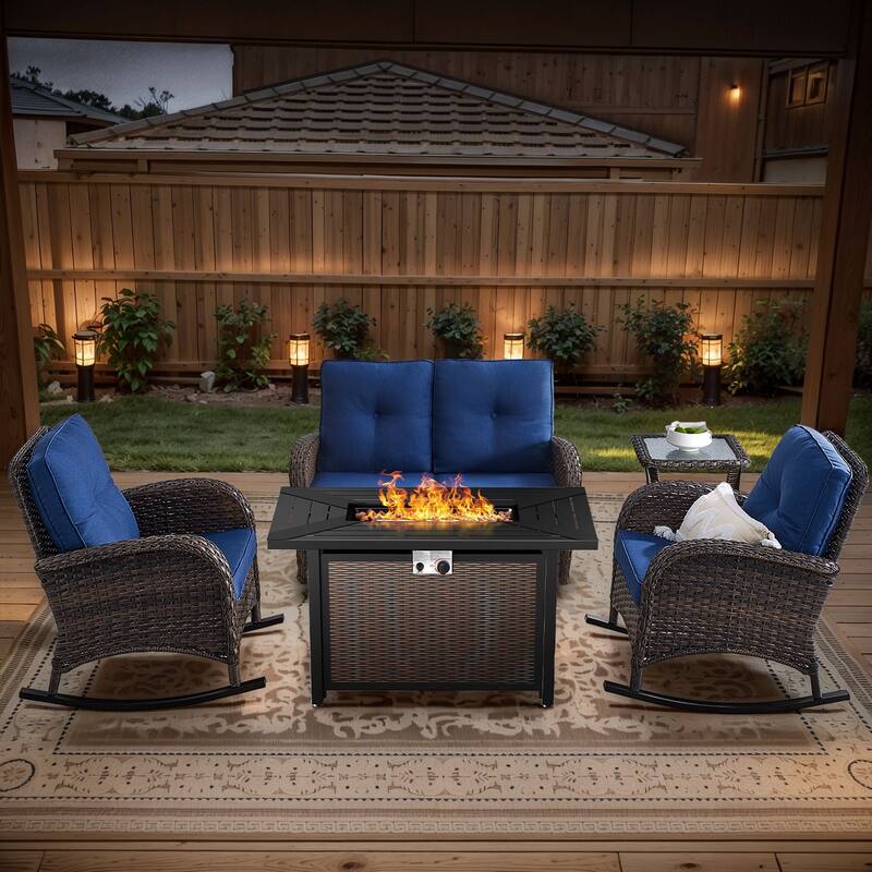 Gymojoy Outdoor Fire Pit Conversation Set, Loveseat Glider Sofa & Chairs - Patio Furniture Set - 5-Piece included Rocking Chairs - Blue