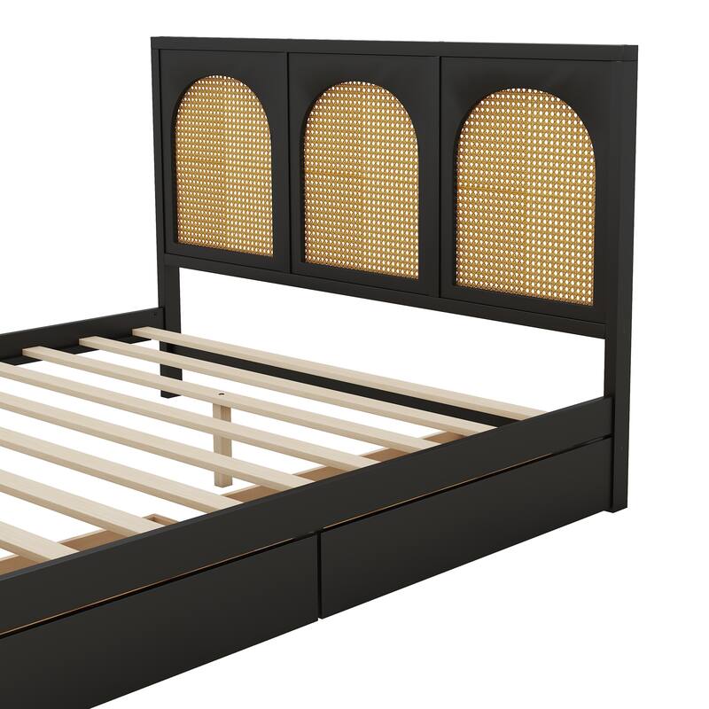 Queen Size Wood Platform Bed with Rattan Headboard, Footboard, and Storage Drawers