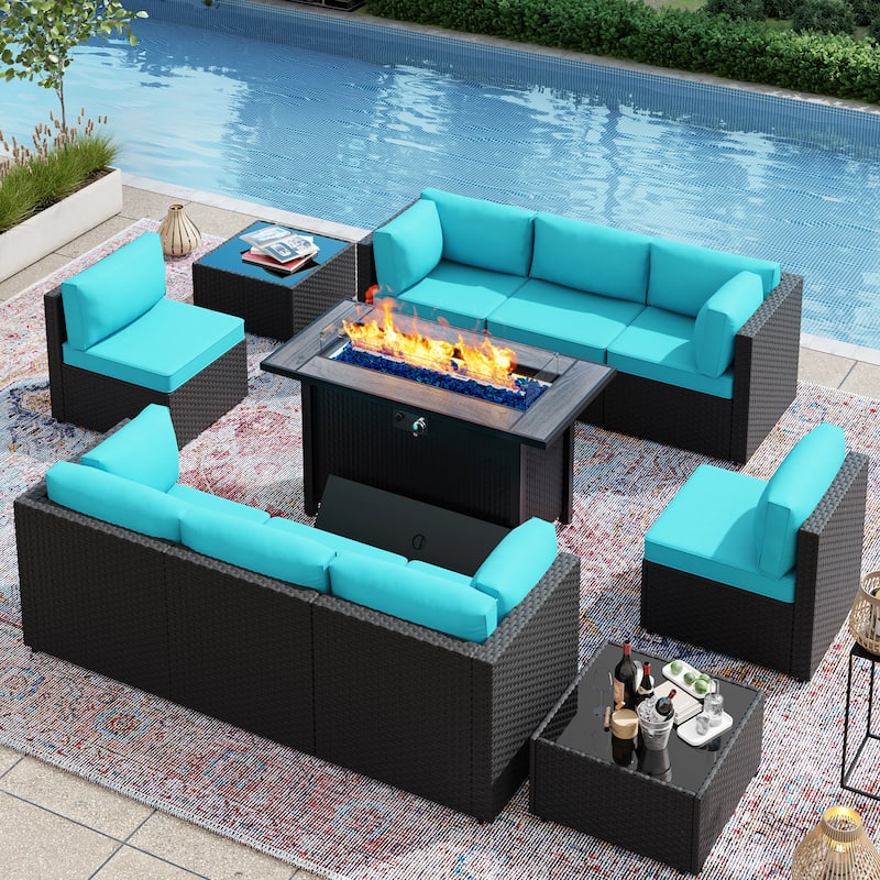 11 Piece Sectional Seating Group with Fire Pit and Cushion - Blue/Black