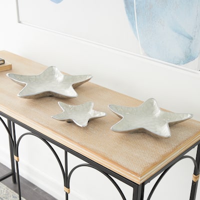 White or Teal Aluminum Metal Handmade Textured Enameled Starfish Decorative Bowl with Silver Base (Set of 3)