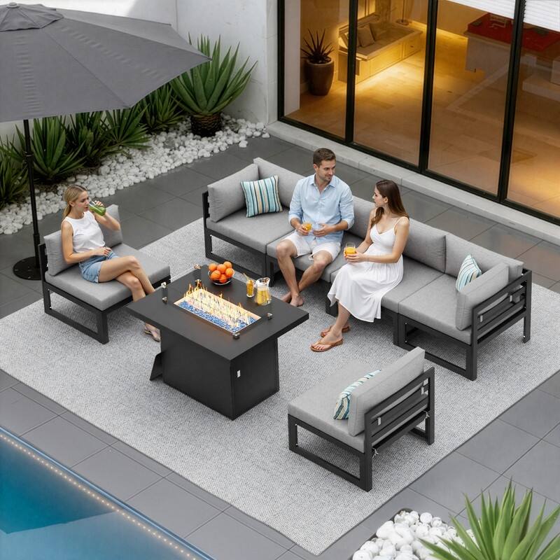 7 Piece Aluminum Patio Furniture Set with Fire Pit Propane/Gas, 29 inch Deep Wide Seat Aluminum Outdoor Sectional