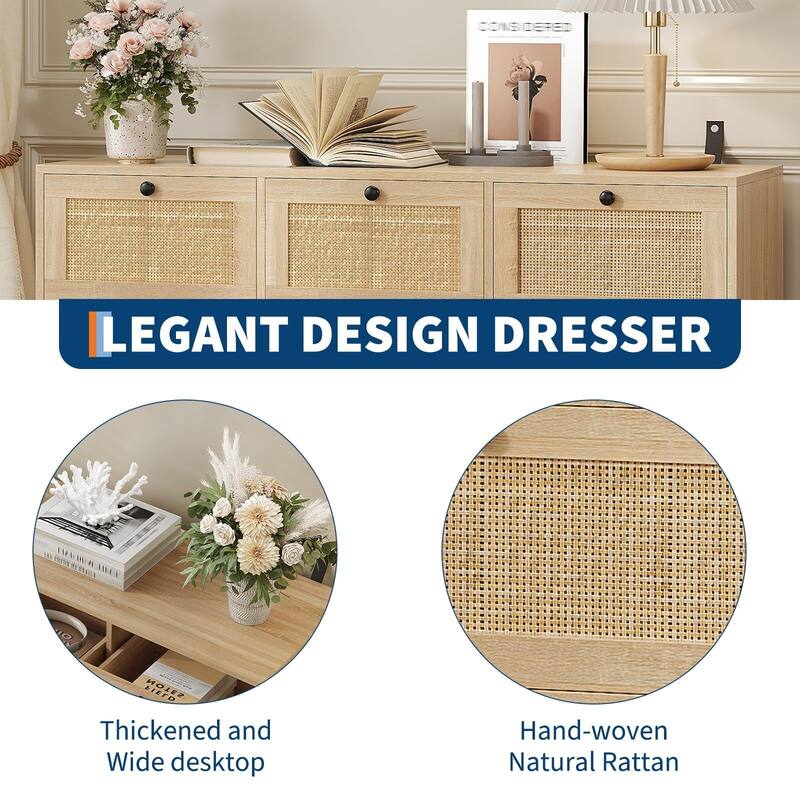 Rattan 7 Drawer Dresser for Bedroom, Farmhouse Modern Dressers & Chests