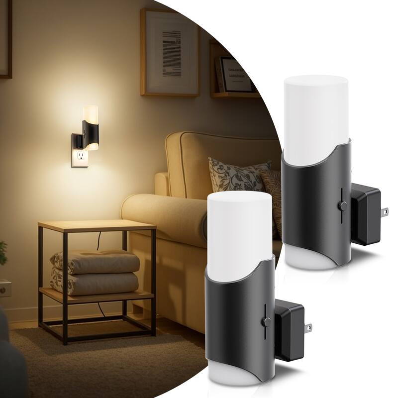 YANSUN Set of 2 Plug-in Dusk-to-Dawn Night Lights, Black Wall Lamp with Frosted Shades, 3000K Warm Light, Sliding Dimmer