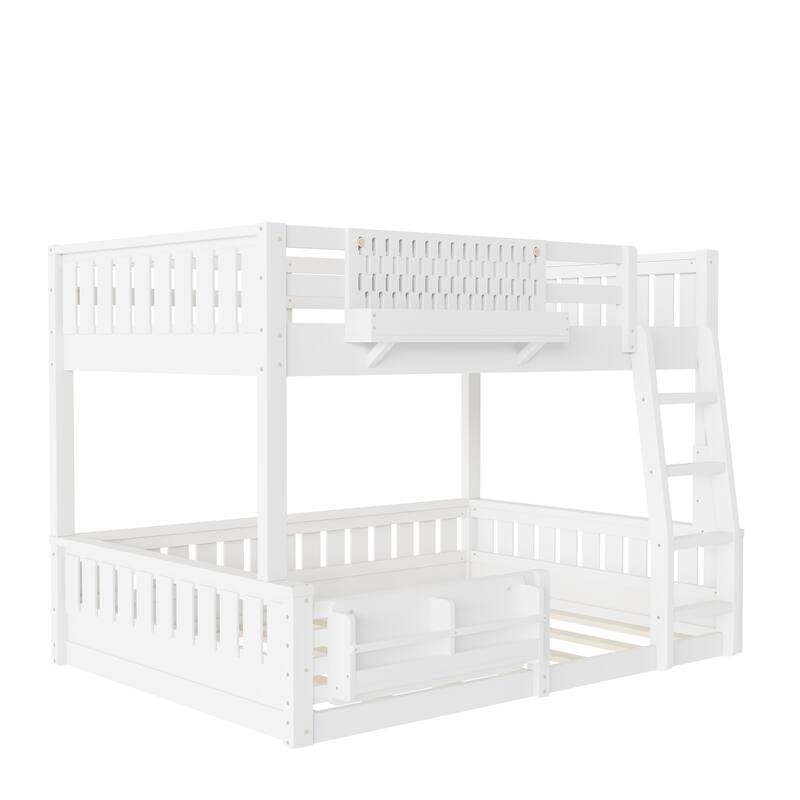 Full XL over Queen/Full over Queen Bunk Bed with Ladder and Guardrails, Pegboard and bookshelf, White