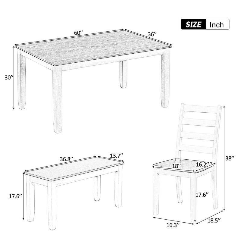 60" Farmhouse Rectangular Dining Table with 4 Upholstered Chairs and Bench