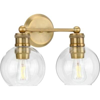 Hansford Collection Two-Light Vintage Brass Clear Glass Farmhouse Bath Vanity Light - 15.5 in x 7.25 in x 10.87 in
