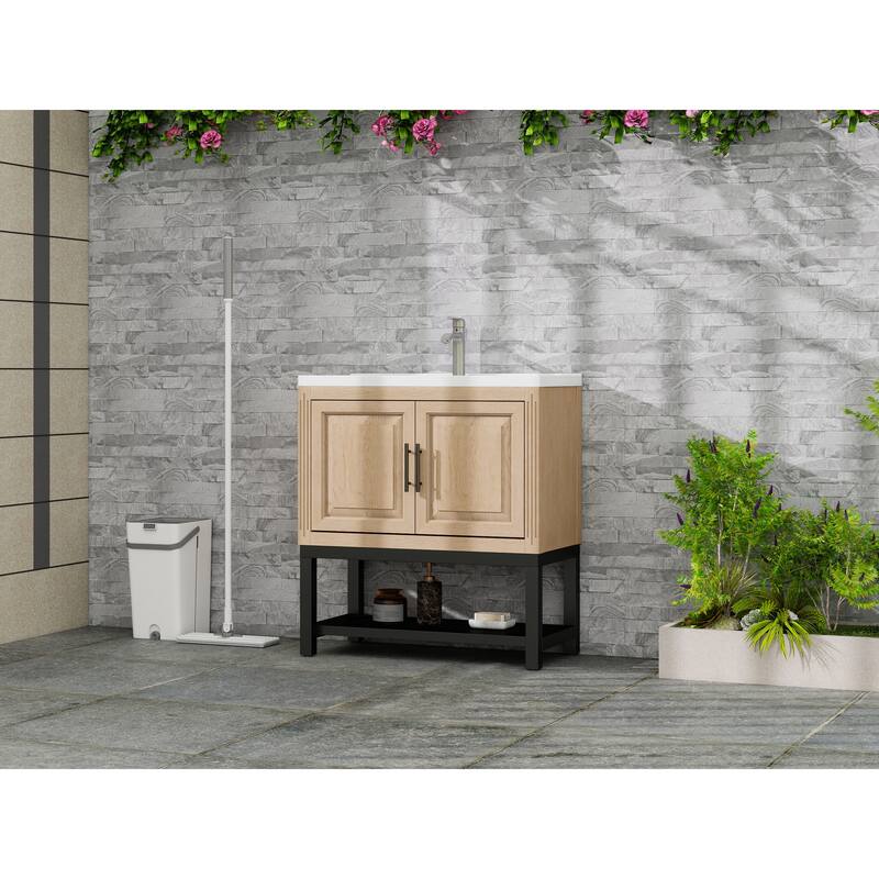 32" Bathroom Vanity with White Ceramic Sink & Hot and Cold Faucet, Freestanding Bathroom Cabinet with 2 Storage Doors