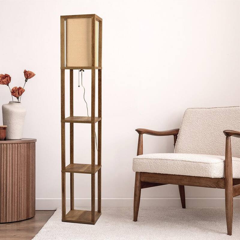 Shelf Floor Lamp For Bedroom/Living Room, Natural Wood with Long Shade