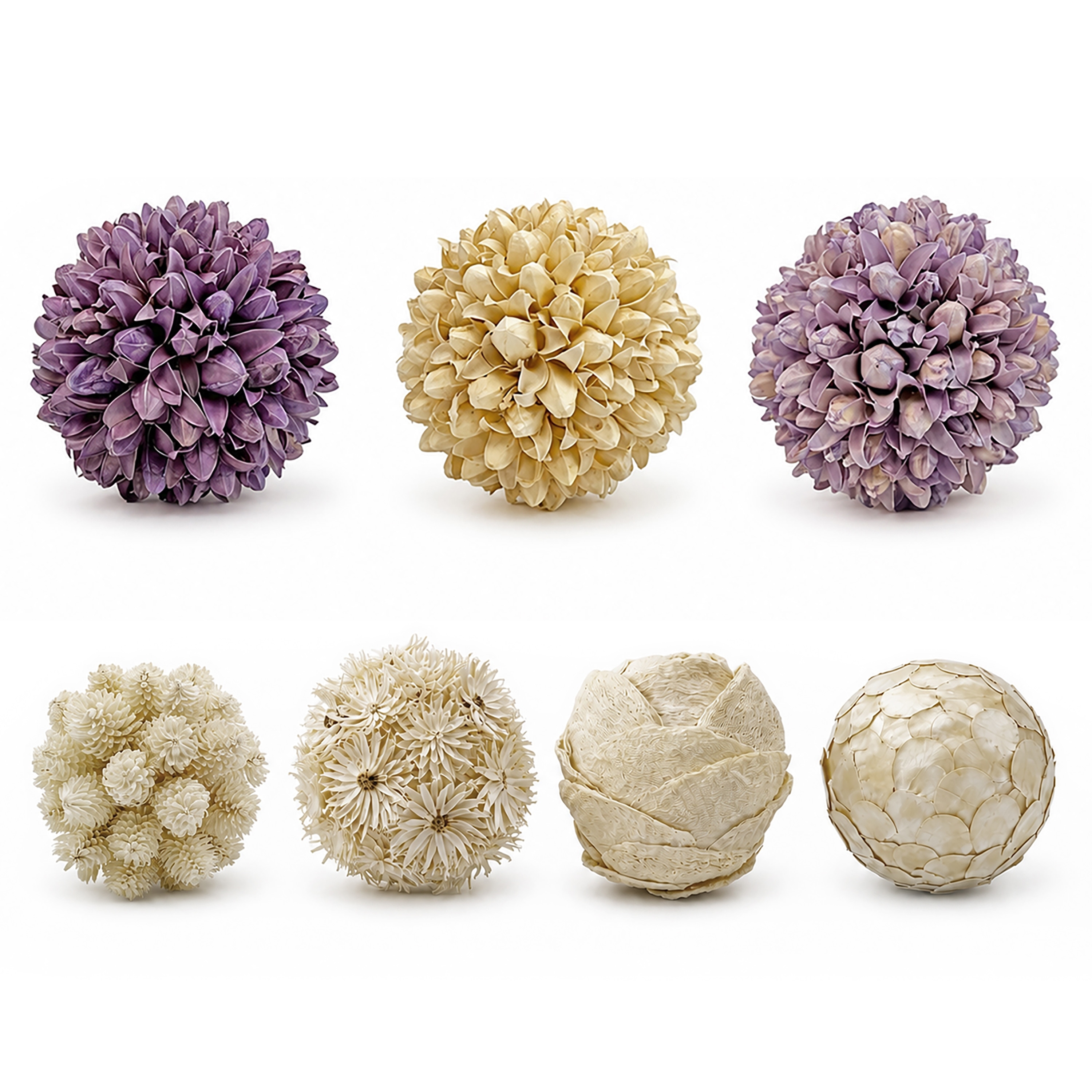 Handmade Preserved Topiary Balls, Decorative Botanical Bowl Filler in Purple & Cream, Set of 7