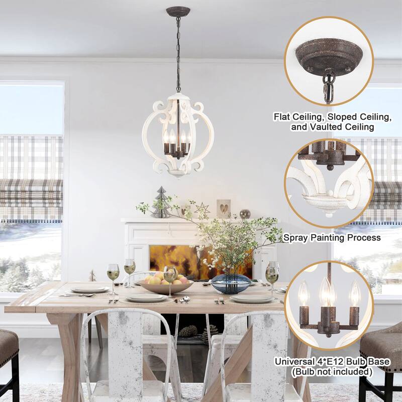 4-Light Antique Wood French Country Chandelier Vintage Pendant for Dining Room