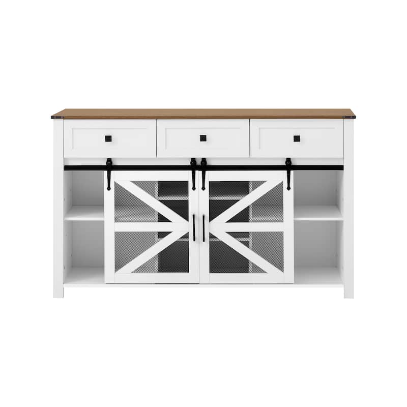 55" Sliding Barn Door Sideboard Buffet Cabinet with 3 Drawers, Adjustable Shelves, Metal Mesh & Particleboard Doors