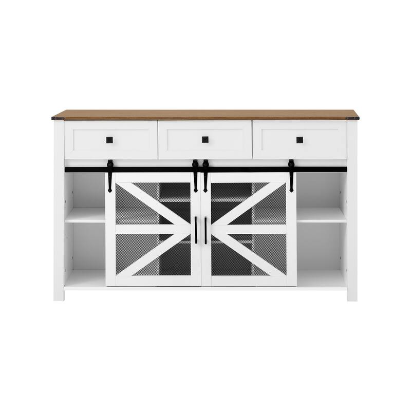 Industrial-Farmhouse Sliding Barn Door Sideboard with Metal Mesh & 3 Deep Drawers by Harper&Bright Designs