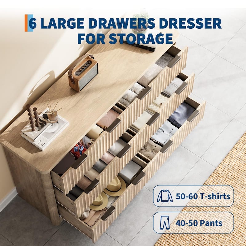 6 Drawer Dresser, Modern Fluted Dressers for Bedroom, Wooden Dresser & TV Stand,Clothes Storage