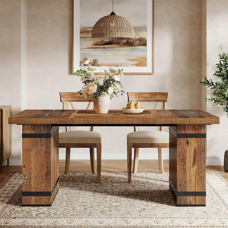 63 Inches Rectangle Farmhouse Dining Table with Sturdy Pedestal Base
