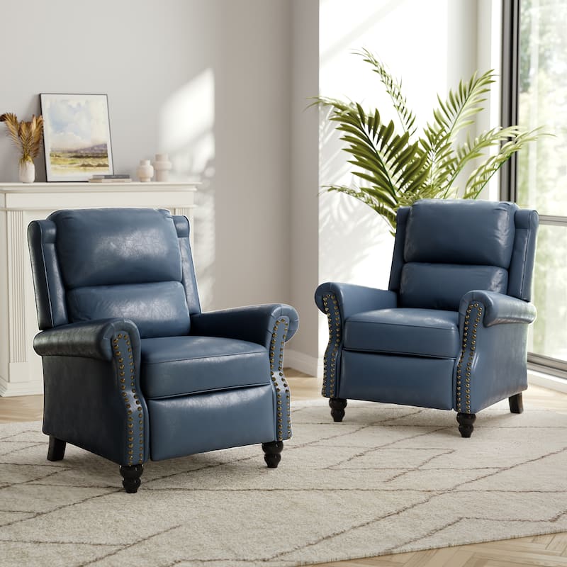 Nail-head Padded Seat Pushback Recliner Chair - Navy Blue-Set of 2