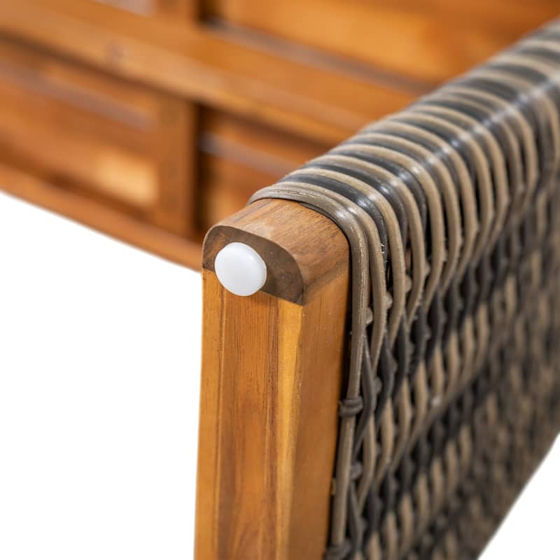 Outdoor 1pcs Acacia Wood Bench, Teak Finish+ Grey Wicker