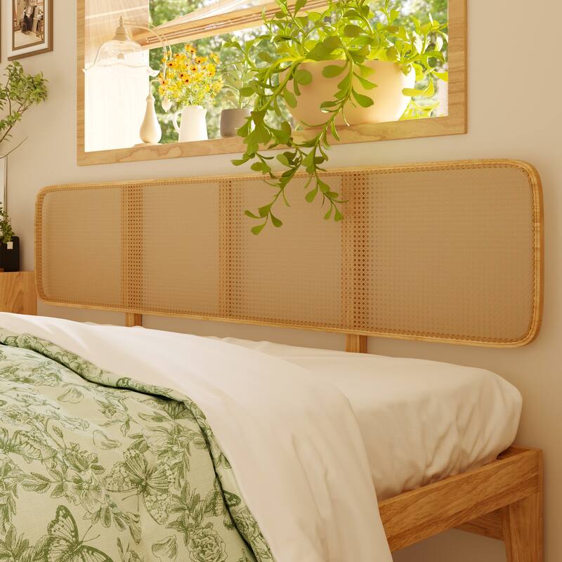 Solid Wood Platform Bed Frame with Rattan Headboard, 600 lbs Heavy Duty Support, Plywood Slats Queen / Full Size