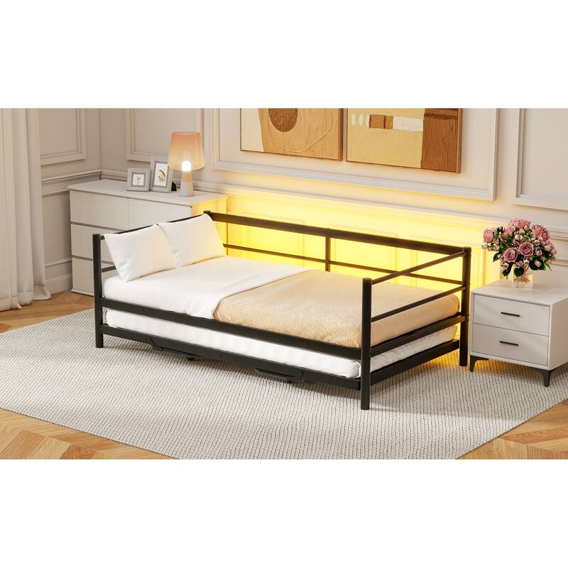 Twin Size Metal Daybed with LED, Adjustable Trundle, Black