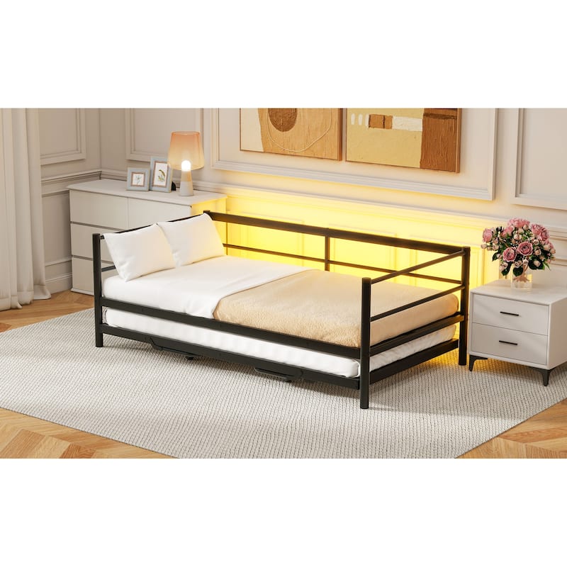 Twin Size Metal Daybed with LED and Adjustable Trundle, Pop Up Trundle, Black