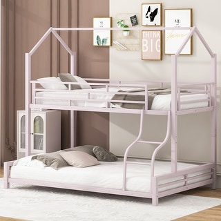 Pink Metal House Bunk Bed with Roof, Ladder, and Fence for Kids