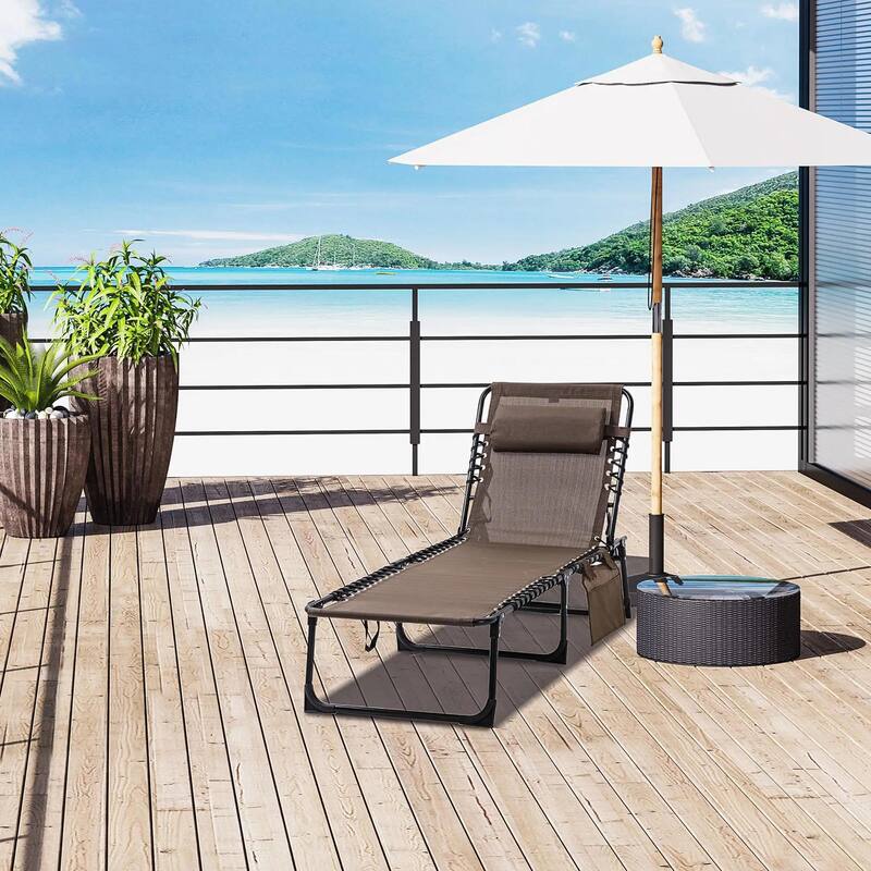 Reclining Chaise Lounge with Adjustable Back, Pillow for Patio Beach - Brown