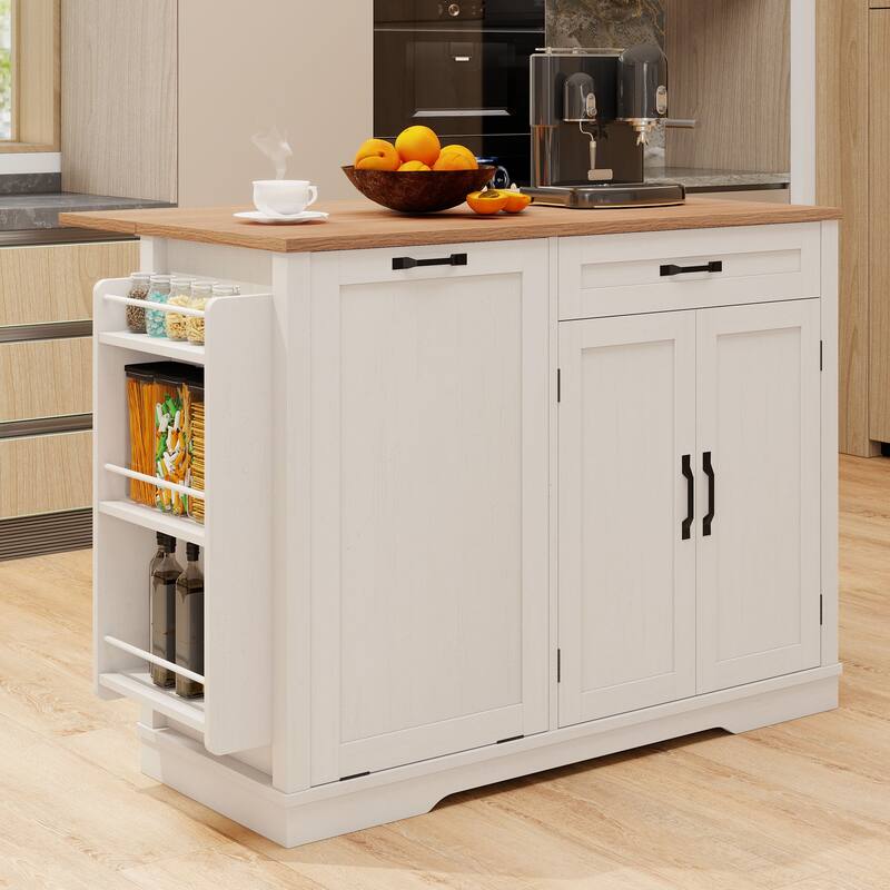 Moasis 50 Inch Drop Leaf Rolling Kitchen Island With Trash Can Storage Cabinet And Drawer - White