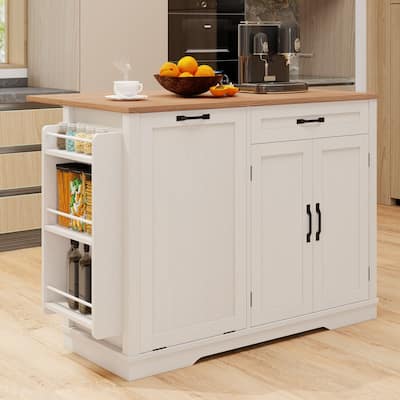 Moasis 50 Inch Drop Leaf Rolling Kitchen Island With Trash Can Storage Cabinet And Drawer