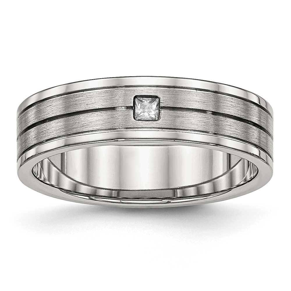 Titanium Brushed//Polished Grooved CZ Ring Sizes 6-13