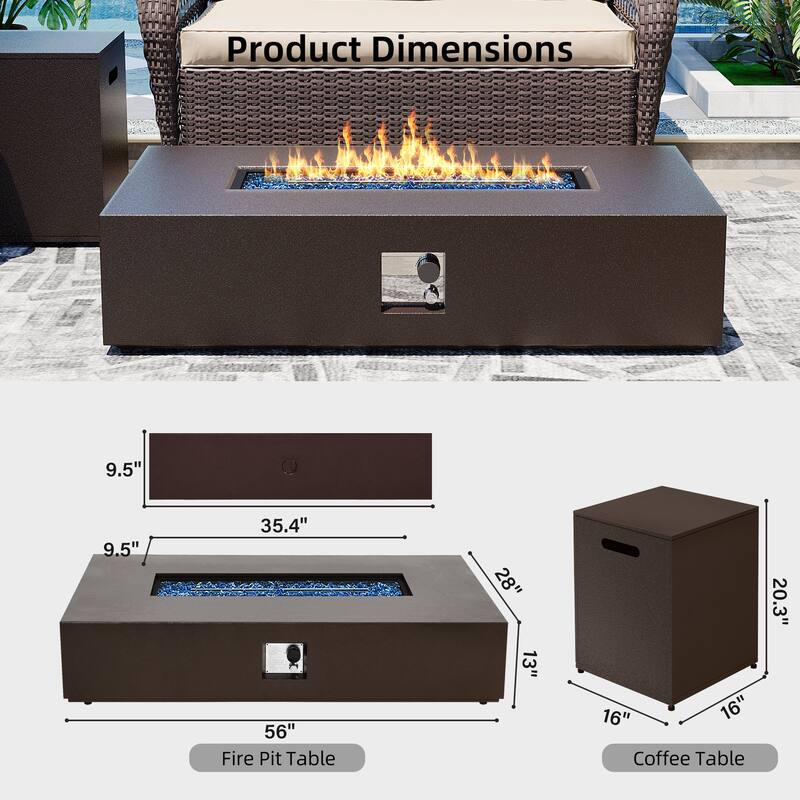 Patio Watcher Outdoor 56in. Rectangular Iron Fire Pit Table with Propane Tank Cover