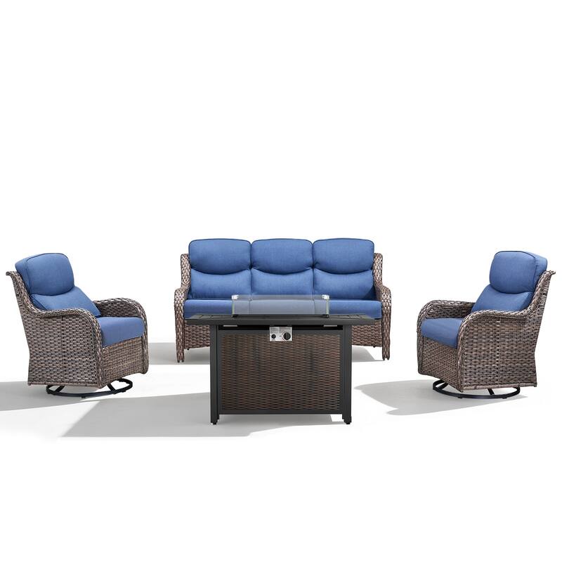 Meyreso 4-Piece Outdoor Patio Metal Fire Pit Wicker Conversation Set with 5-Inch Thick Olefin Cushions