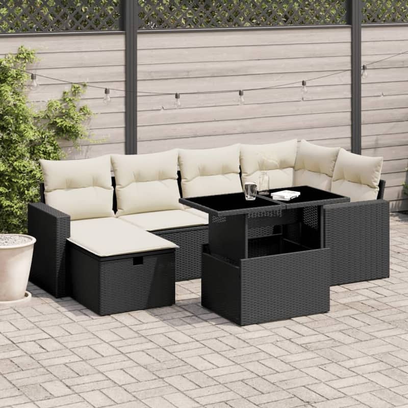 vidaXL Patio Sofa Set with Cushions Outdoor Furniture 7 Piece Poly Rattan - 21.7 x 39.4 x 28.7 in - Black and cream without storage