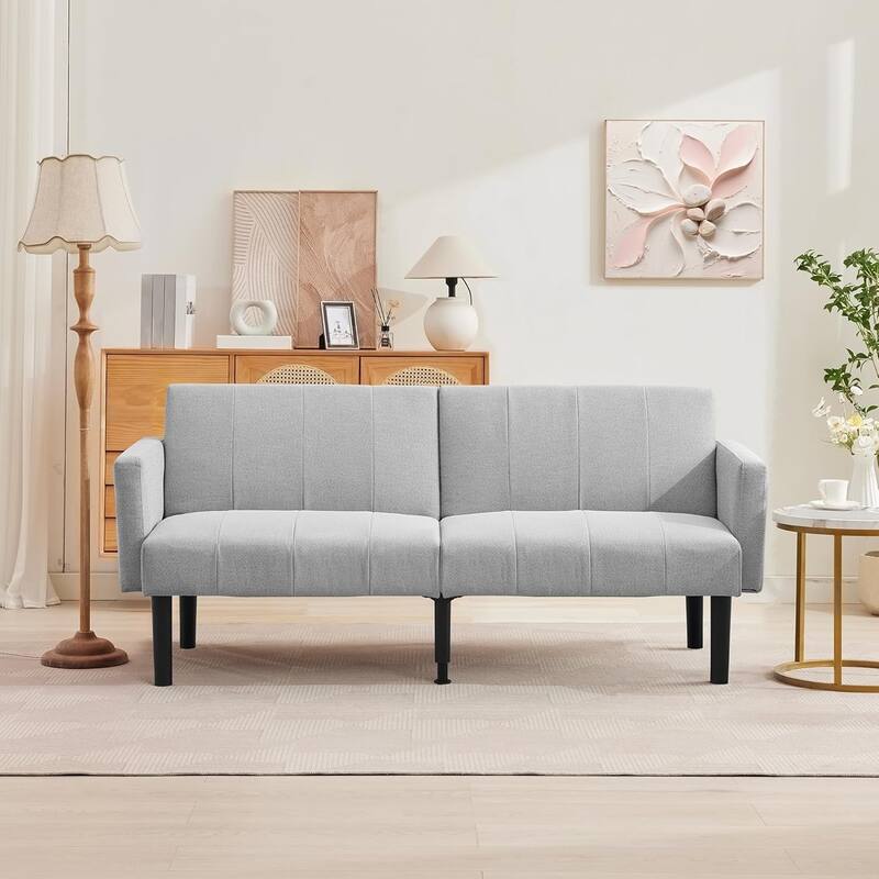 75.5” Convertible Futon Sofa Bed, Linen Flannel Small Couch Sofa with Wood Legs - Grey