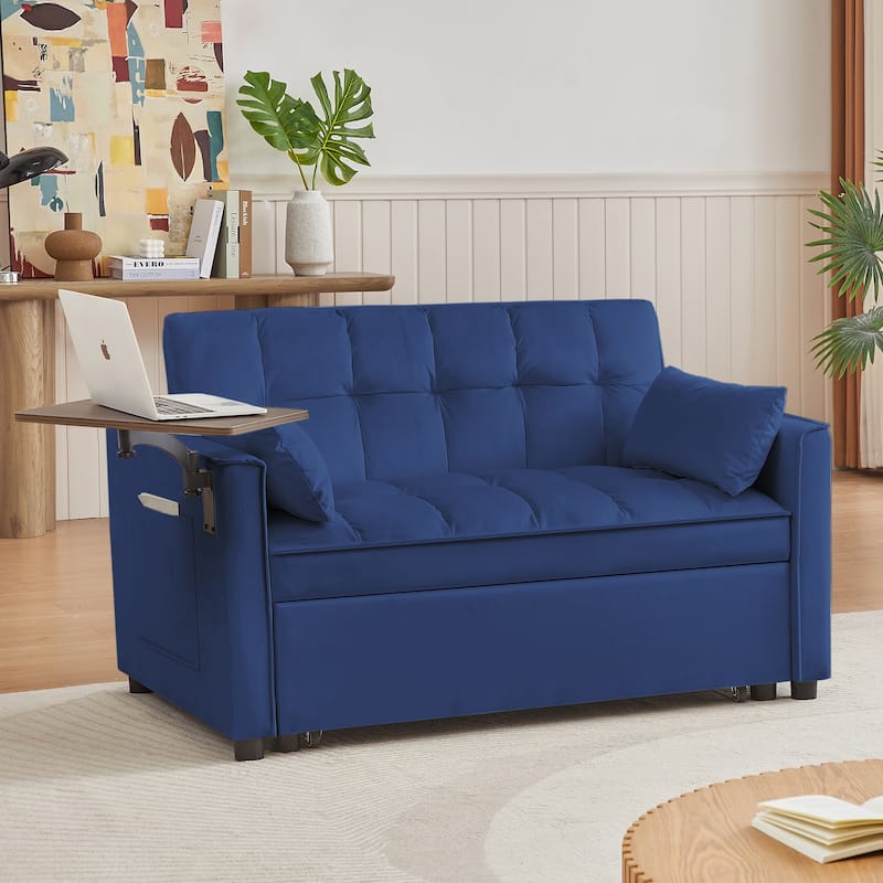 Velvet Loveseat Convertible Pull-out Sleeper Sofa Bed, Futon Sofa with 2 Pillows & phone Holder Pocket Recliner Sofa