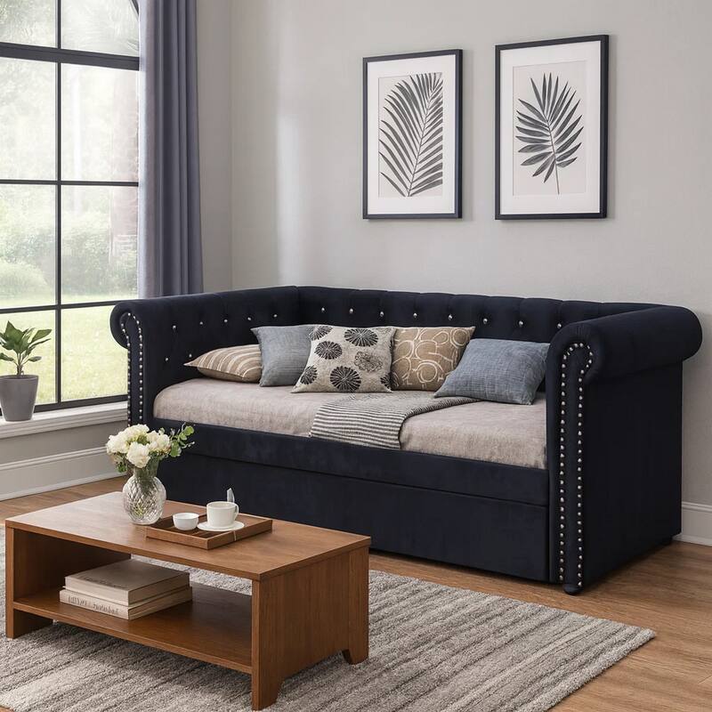 Ellen Trundle Daybed, Black Fabric Upholstery, Rolled Arms, Nailhead Trim