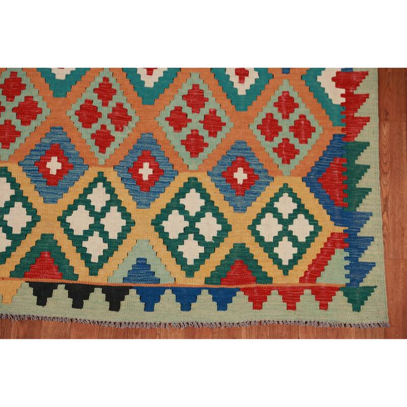 Hand Woven Oriental 100% Wool Carpet Southwestern Geometric Oranges & Rust Kilim Area Rug - 8' 6'' X 5' 7''