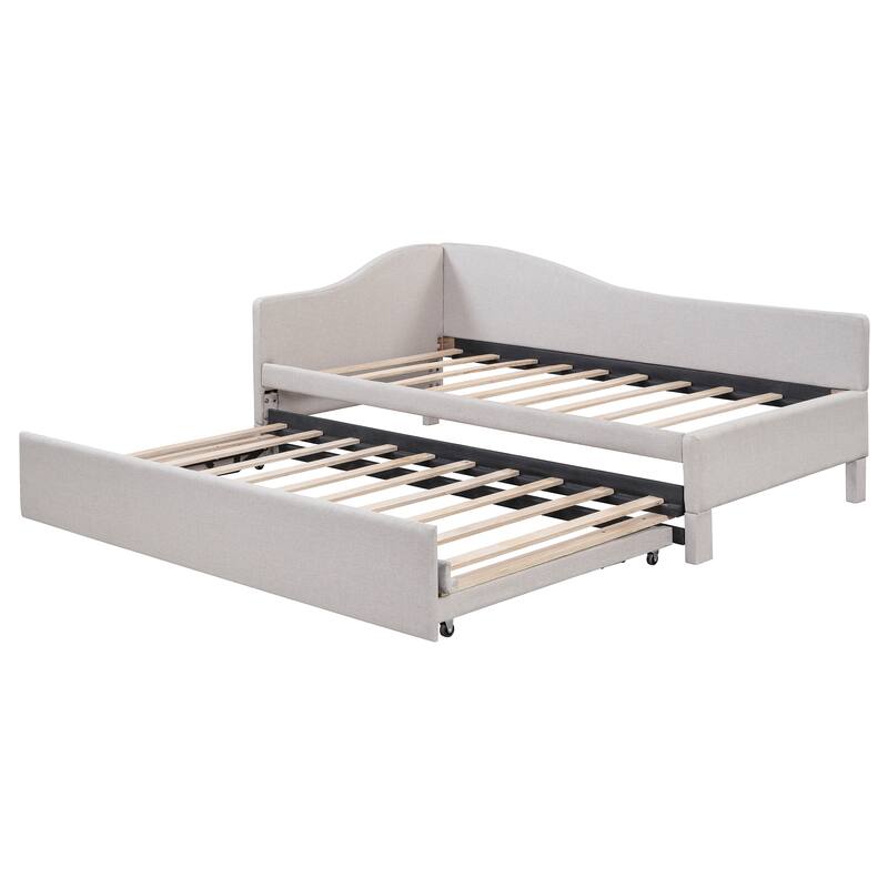 Twin Size L-Shaped Upholstered Daybed with Pull-Out Trundle, Linen Fabric, Convertible to Irregular King