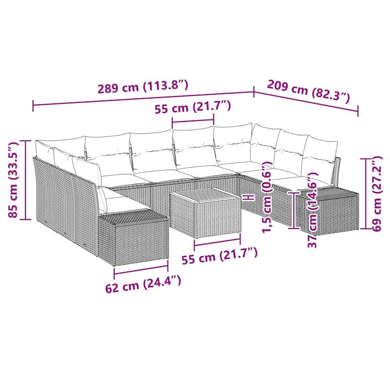 vidaXL 10 Garden Sofa Set with Cushions Black/Grey Poly Rattan - 113.8 x 82.3 x 27.2