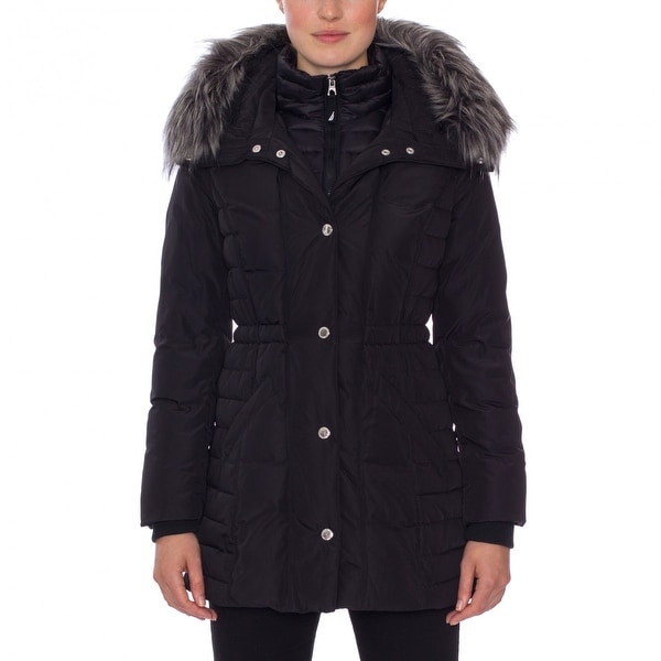 Nautica Faux Fur Trim Layered Down Coat
