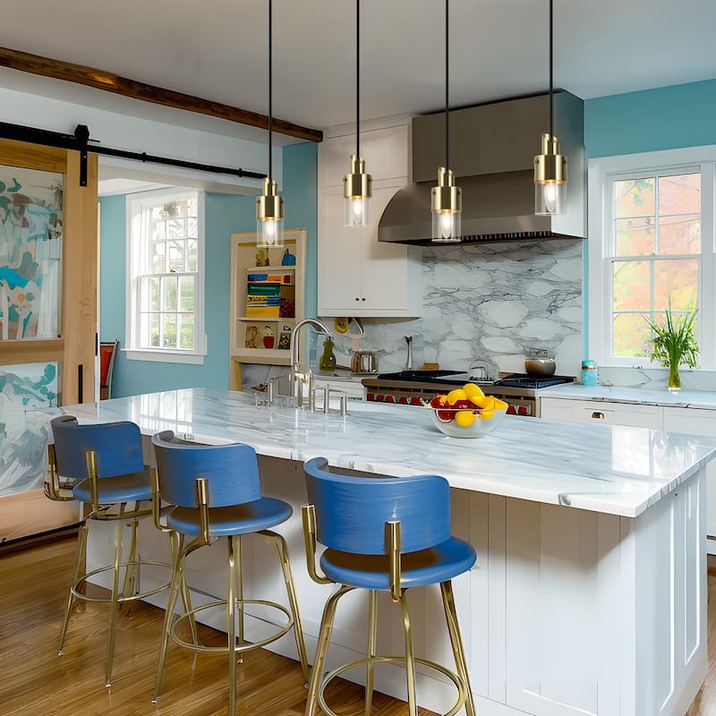 Mid-Century Modern 1-Light Gold Hanging Pendant Lights Cylinder Glass Kitchen Island Lights - 3"L