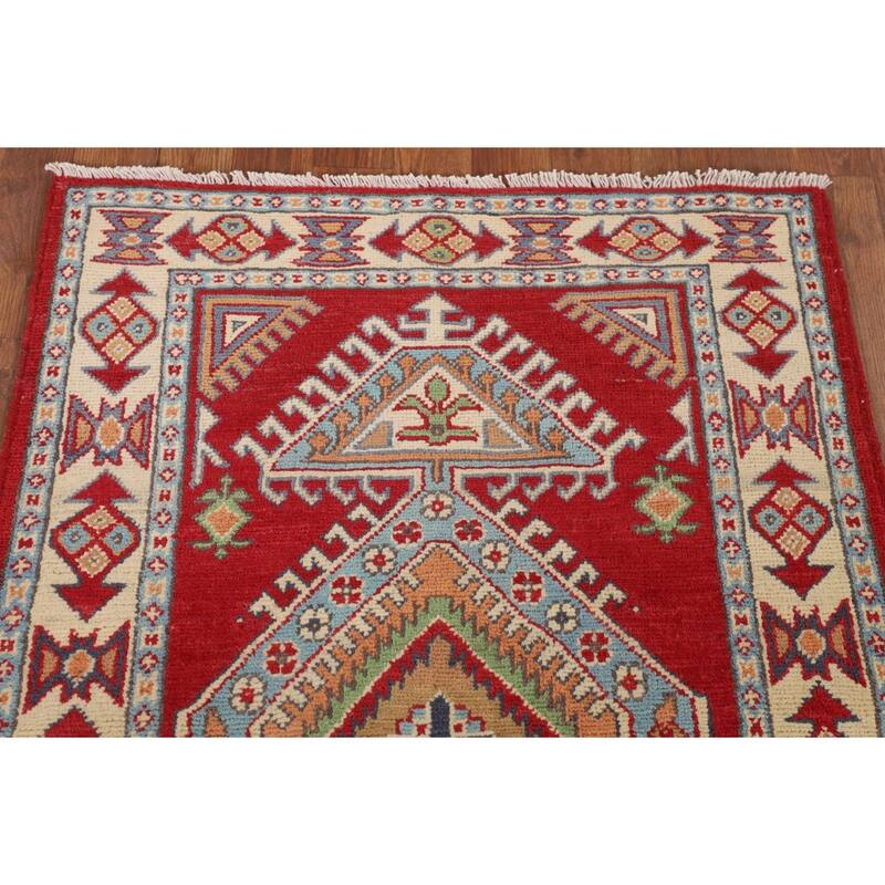 Red Geometric Kazak Oriental Accent Rug Handmade Wool Carpet - 2'8" x 3'11"
