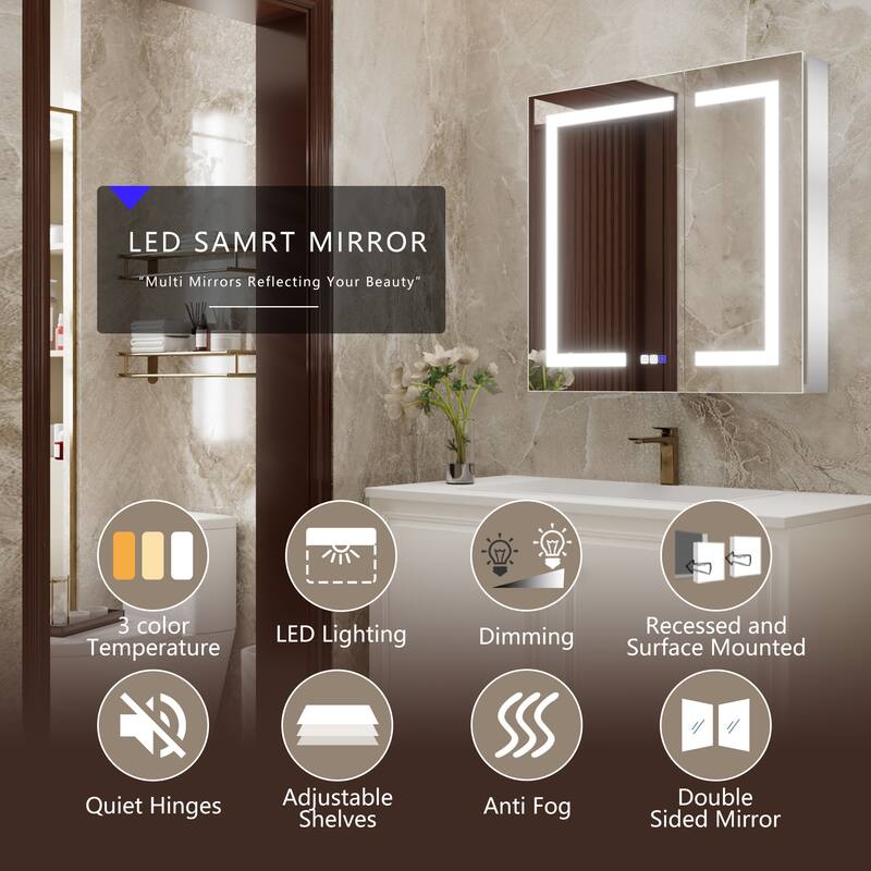 ExBrite 30" x 30" LED Lighted Bathroom Medicine Cabinet with Mirror,Recessed or Surface Mount,Defog - 30" x 30"