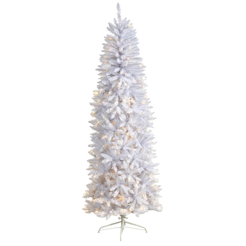 7’ Pre-Lit Slim White Artificial Christmas Tree, Warm Clear LED Lights - 7 Foot