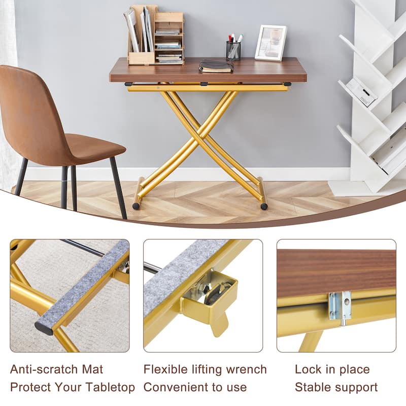 Modern minimalist multifunctional lift table with 0.8 inch thick MDF desktop and golden metal legs,coffee table