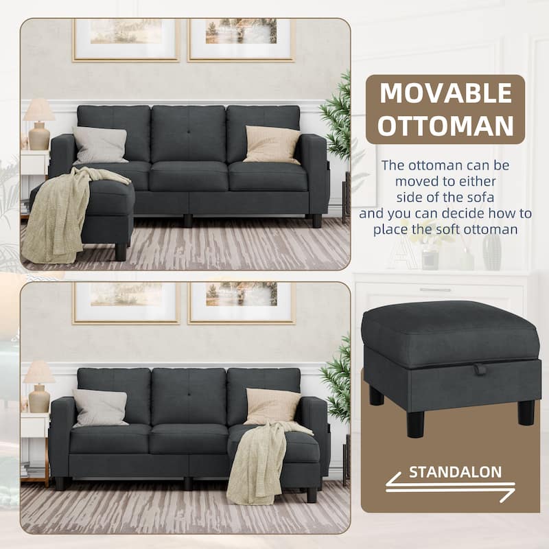 Futzca Linen Upholstered L-shaped Sectional Sofa w/ Reversible Chaise