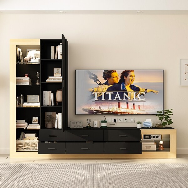 Black and Wood Entertainment Center with LED Lights Versatile TV Stand 104.5