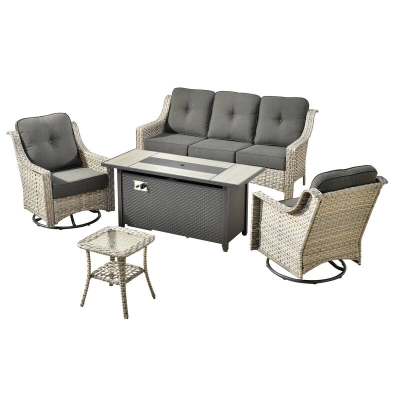 HOOOWOOO 5-piece Rattan Outdoor Patio High Back Swivel Chair Set with 54"Fire Pit