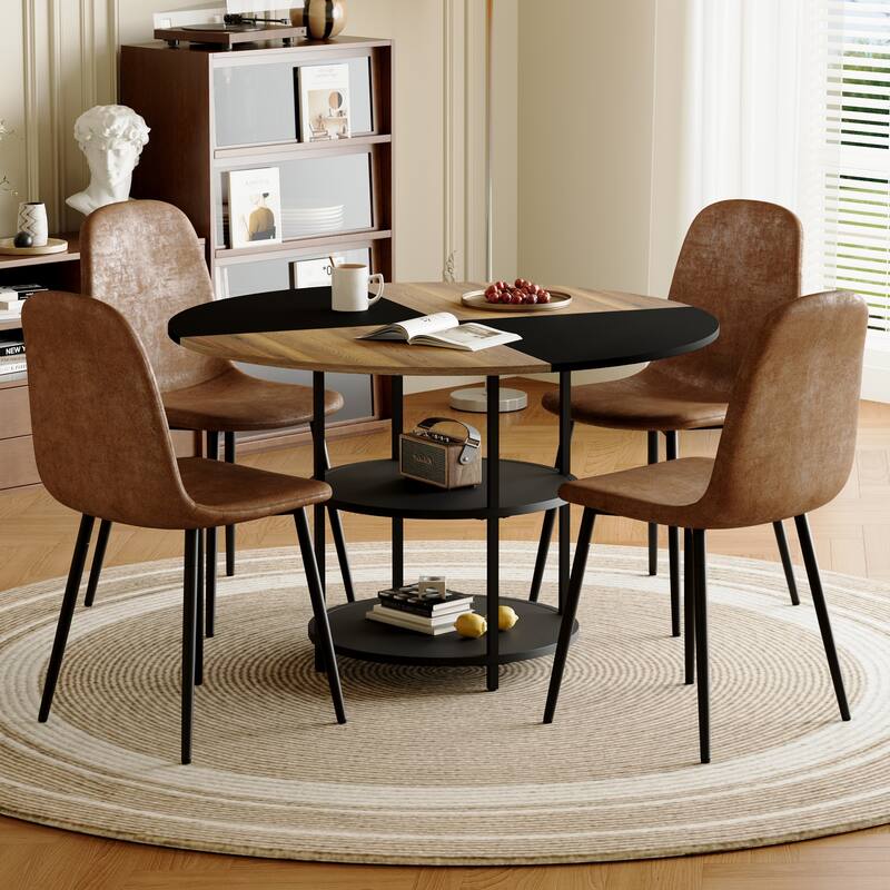5-piece Natural and Black Spliced Round Dining Table Set with Double-Layer Storage Shelf, Anti-Slip Feet
