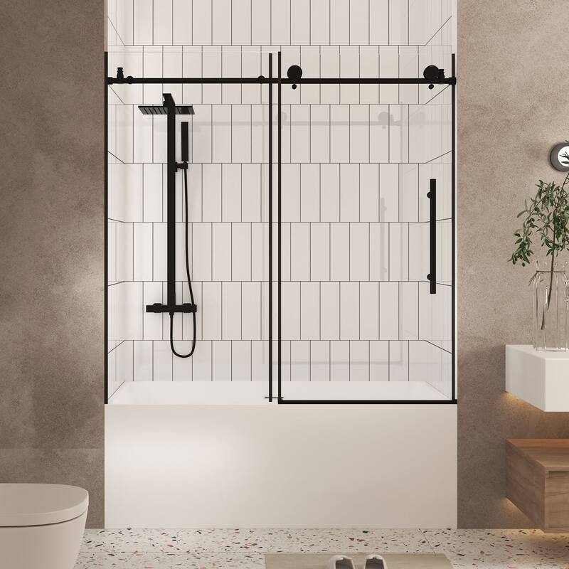 GDFStudio - Aldridge Frameless Sliding Bathroom Shower Door, Adjustable Width with Clear Tempered Safety Glass - Matte Black - 60 "W x 60" H